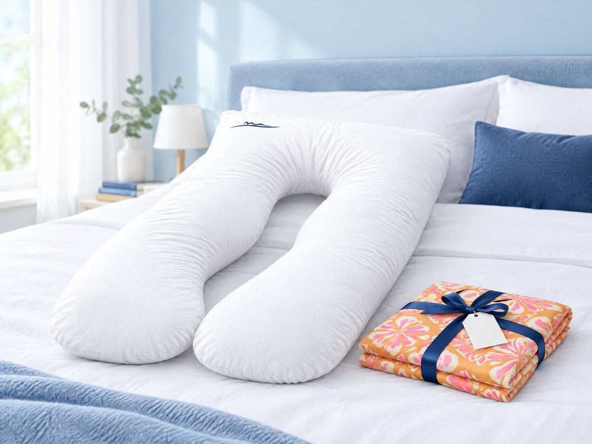 KomfortKissen™ Premium sur le lit, à côté une housse de rechange pliée avec un ruban cadeau