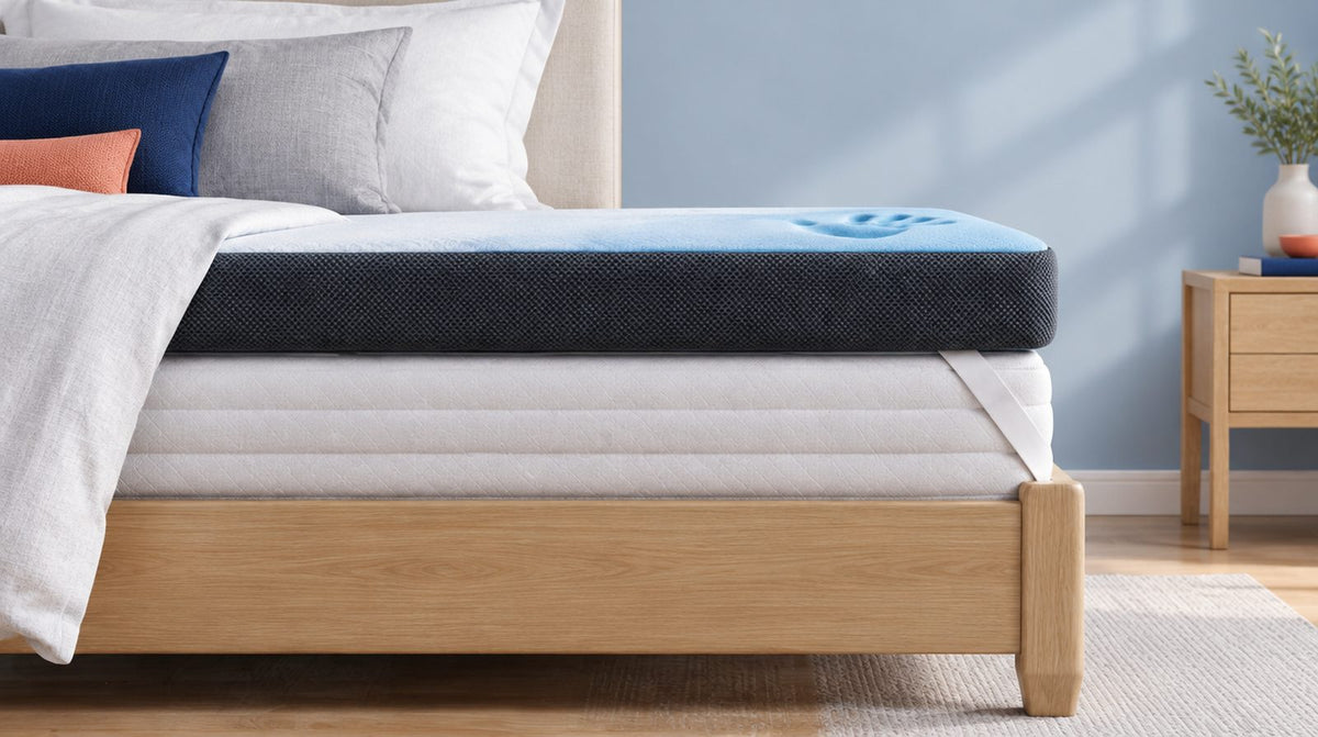 Vue de côté d'un surmatelas sur un matelas, l'épaisseur et la hauteur du surmatelas sont bien visibles